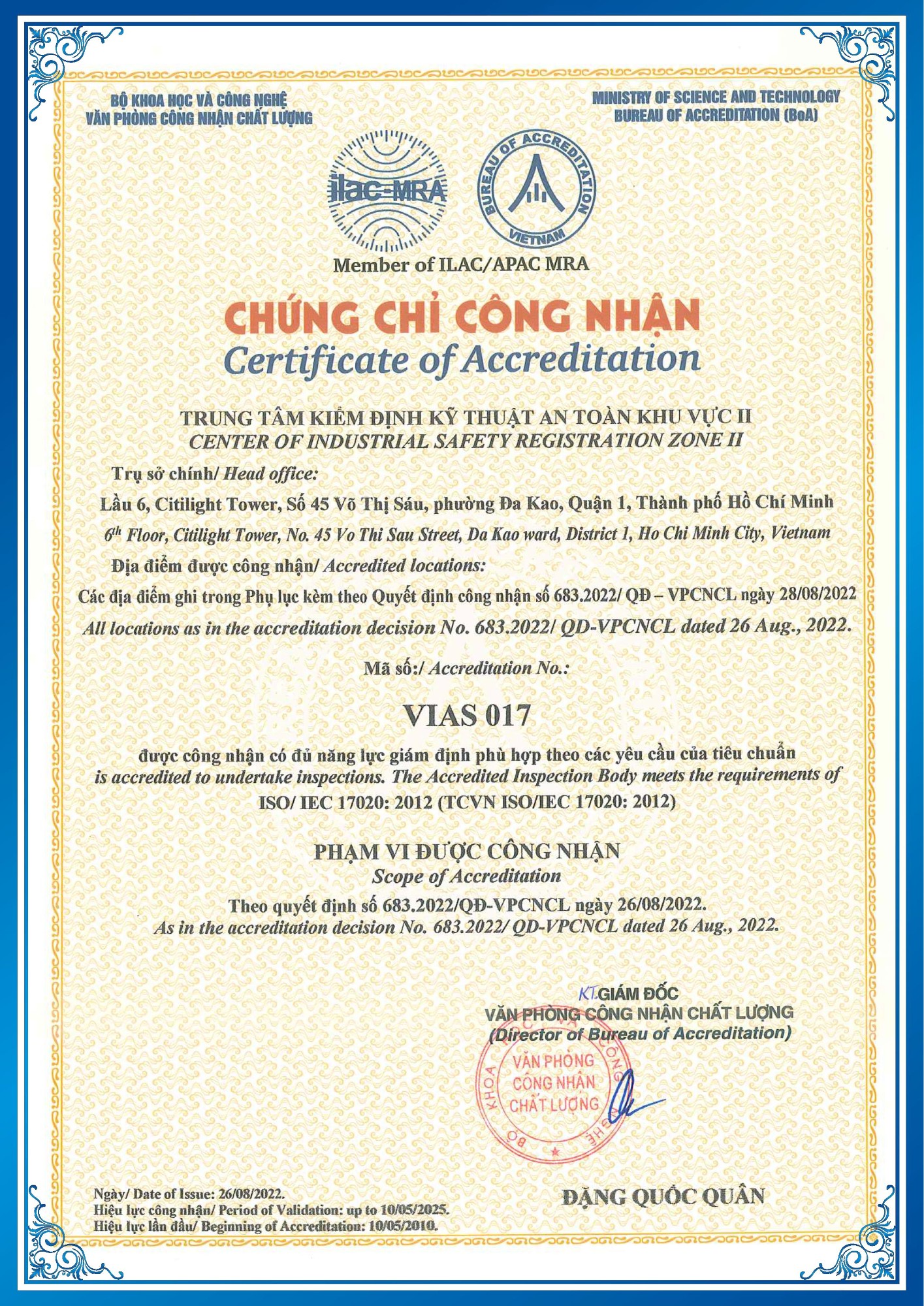 Chứng chỉ công nhận VIAS 017 - năm 2022
