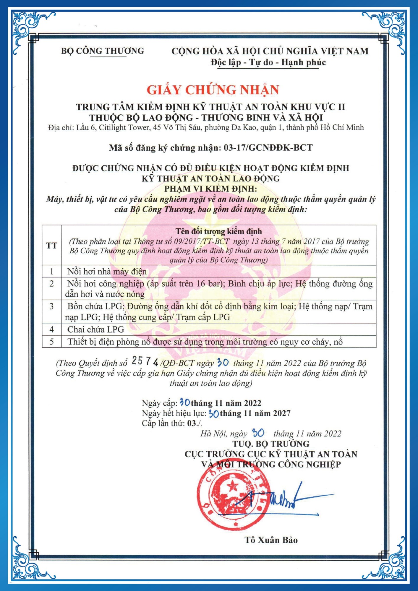 Chứng nhận đủ điều kiện hoạt động Kiểm định kỹ thuật an toàn lao động - Bộ Xây dựng