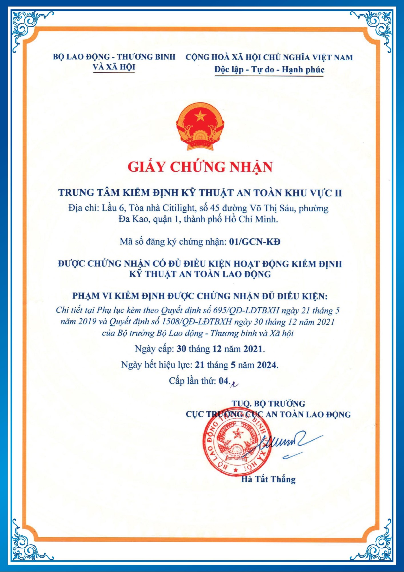 Chứng nhạn đủ điều kiện hoạt động Kiểm định kỹ thuật an toàn lao động - Bộ Xây dựng-20-21-22