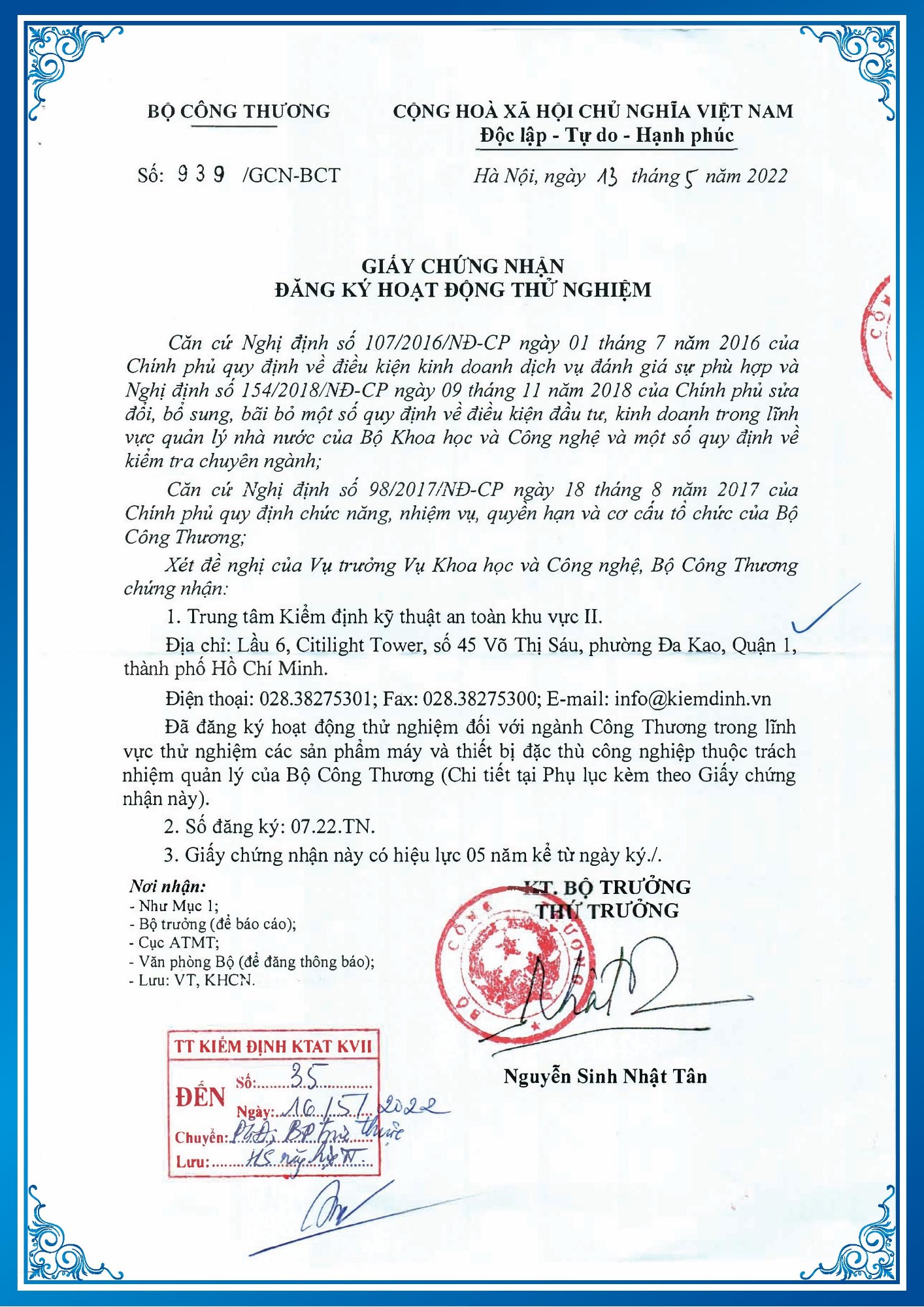 Giấy chứng nhận số 939/GCN-BCT (13/5/2022) Đăng ký hoạt động thử nghiệm