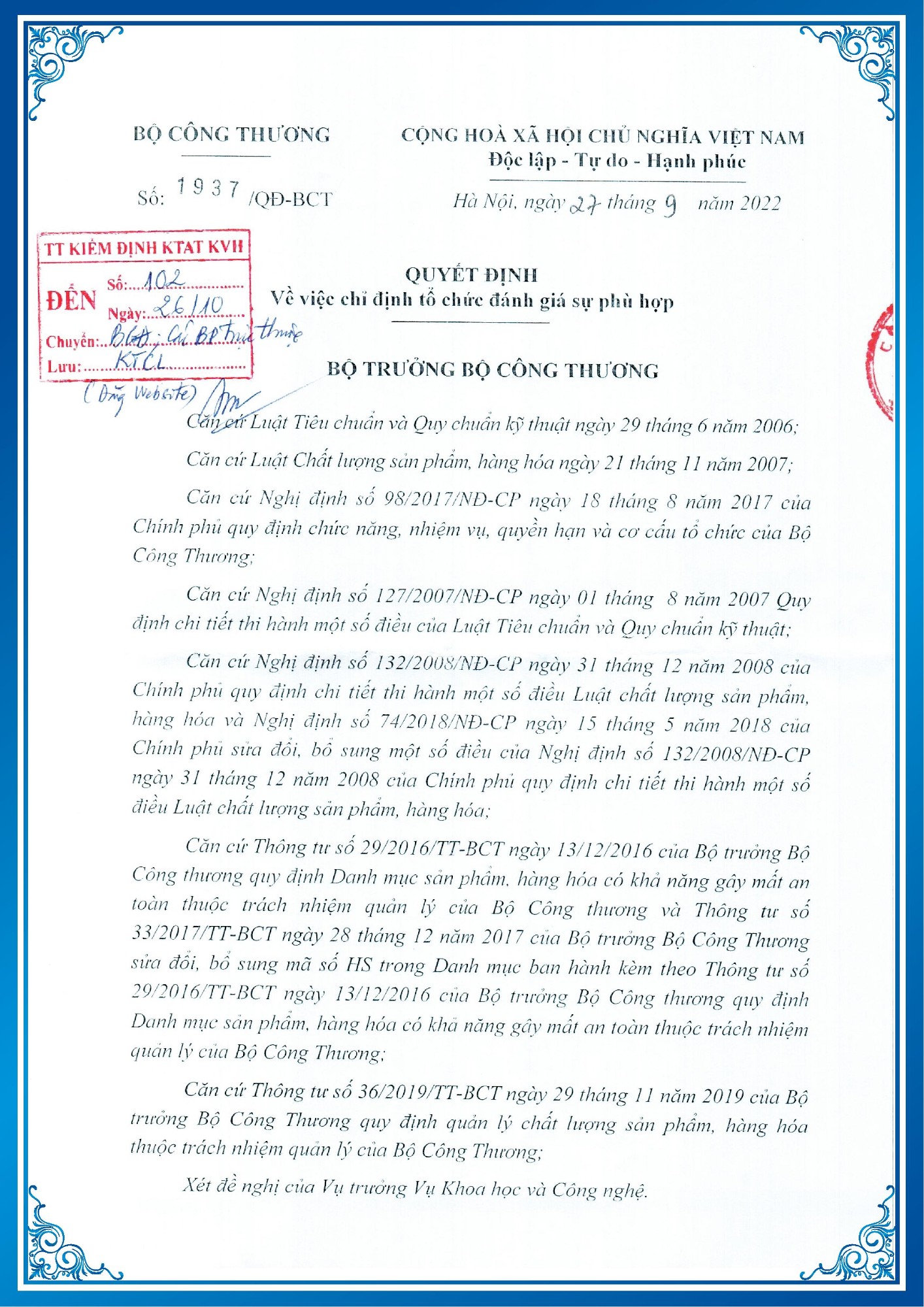 Quyết định số 1937/QĐ-BCT (27/9/2022) Về việc chỉ định tổ chức đánh giá sự phù hợp