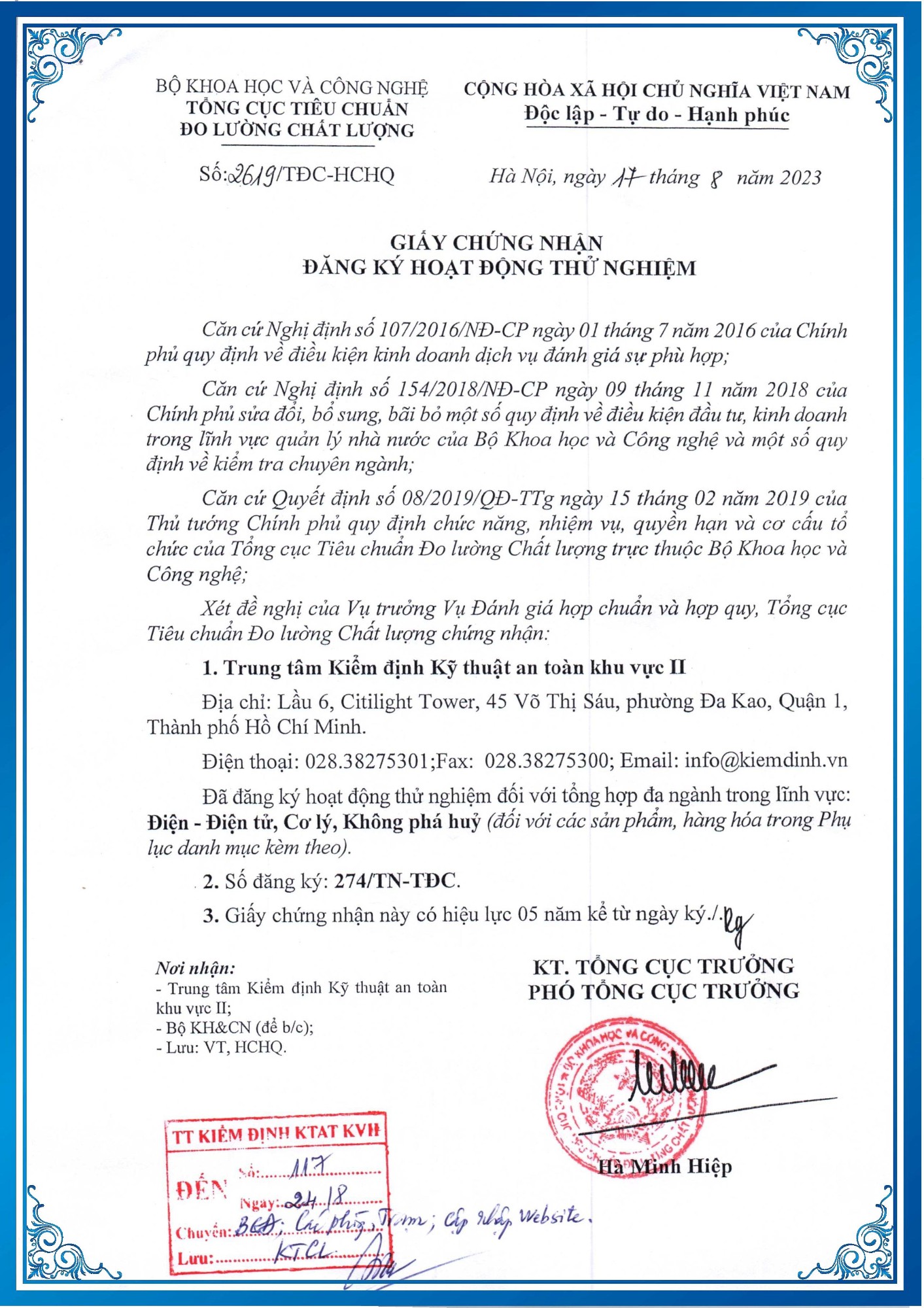 Giấy chứng nhận số 1337/TĐC-HCHQ (08/5/2020) Đăng ký hoạt động thử nghiệm