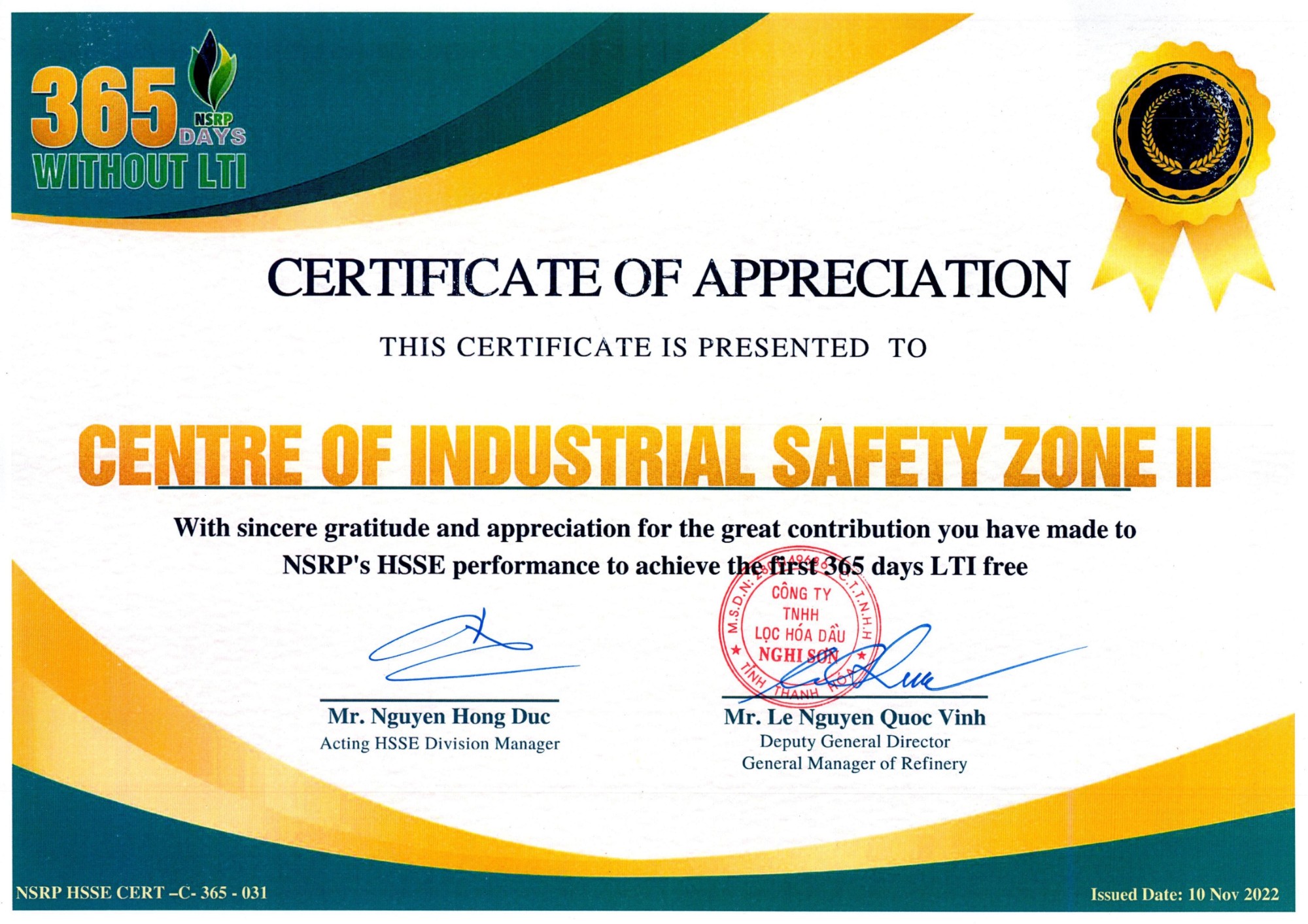 THƯ CẢM ƠN TỪ NHÀ MÁY LỌC HÓA DẦU NGHI SƠN